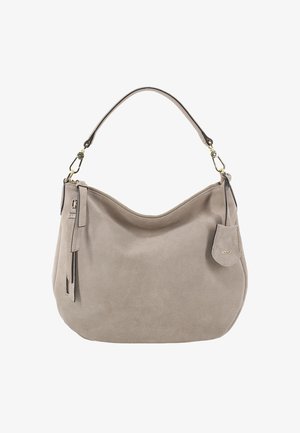 Sac à épaule en daim beige avec une silhouette courbée, une bandoulière unique et des accessoires dorés. Comprend une fermeture éclair latérale et une petite pochette amovible.