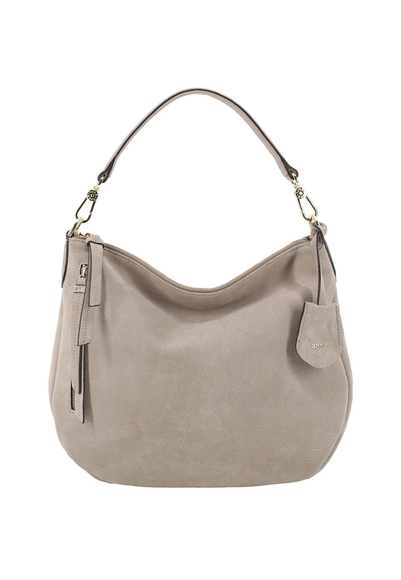 Beige suede shoulder bag with a curved silhouette, single strap, and gold hardware. Features a side zip and a small detachable pouch.