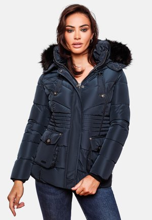Navy puffer jacket with a faux fur hood, zip front, two side pockets, and ribbed cuffs. Features a quilted design and silver hardware accents.