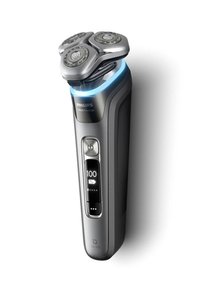 Philips 9000 Prestige electric shaver; metallic gray body, three rotating head blades, blue LED accent, digital display, textured grip.