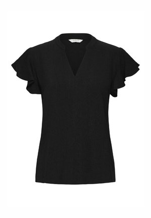 Czarna bluzka z krótkim rękawem z dekoltem w serek, falbaniastymi rękawami i teksturowanym materiałem. Prosty, klasyczny design odpowiedni na różne okazje.