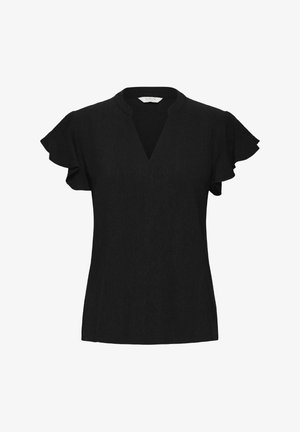 Czarna bluzka z krótkim rękawem z dekoltem w serek, falbaniastymi rękawami i teksturowanym materiałem. Prosty, klasyczny design odpowiedni na różne okazje.