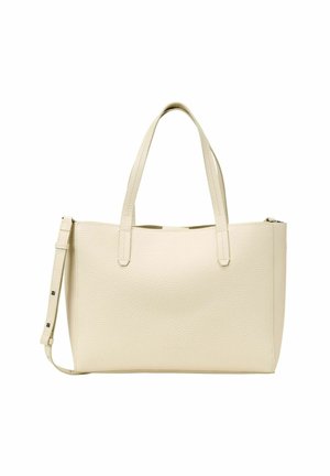 Sac fourre-tout en cuir texturé couleur crème avec deux poignées et une bandoulière ajustable, forme rectangulaire et fermeture zippée.