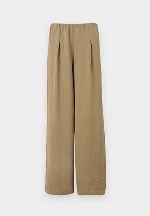Beige, high-waist wide-leg pants with pleats and a textured fabric, displayed against a white background.