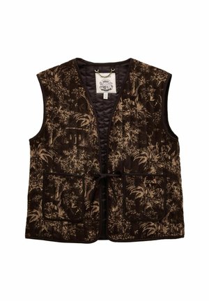 Brown and beige patterned vest made of plush velvet, featuring a V-neck, two front pockets, and a tie closure at the waist.