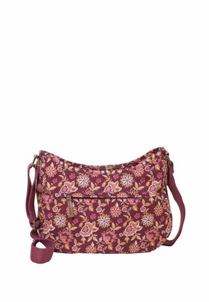 Shoulder bag with adjustable strap, maroon fabric adorned with pink and yellow floral pattern, and front zipper pocket with leather pull tab.