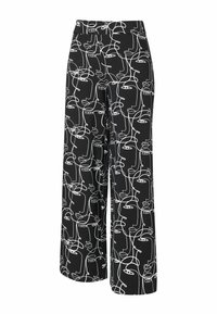 Pantaloni neri a gamba larga con un motivo astratto di volti bianchi. Realizzati in materiale leggero con una vita elastica.