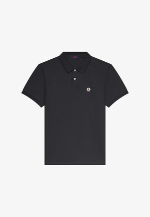 Polo negro de algodón, con cuello, tres botones y un pequeño logo en el lado izquierdo del pecho. Ajuste clásico y textura suave.