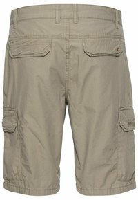 Beige cargoshorts van lichtgewicht stof met twee voorzakken, twee achterzakken en zijcargozakken met kleppen.