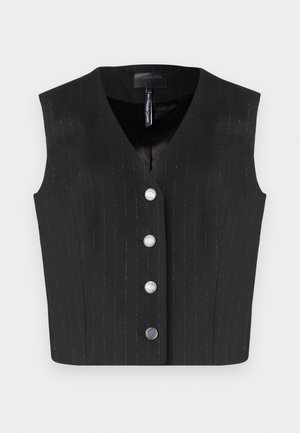 Schwarze Weste mit Nadelstreifenmuster, V-Ausschnitt-Design, fünf vorderen Knöpfen und glatter Innenauskleidung. Hergestellt aus strukturiertem Stoff.