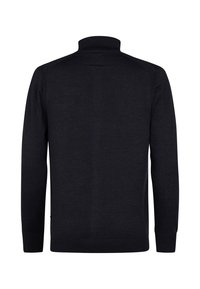 Schwarzer langärmliger Pullover mit hohem Kragen, gerippten Bündchen und geripptem Saum, von hinten gezeigt.