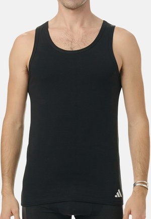 Schwarzes sportliches Tanktop aus glattem Stoff. Verfügt über einen runden Halsauschnitt und weite Armlöcher. Ein kleines weißes Logo befindet sich am unteren rechten Ende.