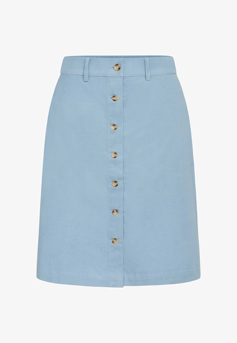 Fustă cămașă de culoare albastru deschis, realizată din țesătură de bumbac, cu croială dreaptă, cinci butoane frontale și un brâu.