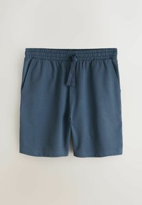 Tengerészkék pamutkeverék rövidnadrág elasztikus derékrésszel, állítható húzózsinórral és két oldalzsebbel. Sima textúra, középmagasságú hosszúság combközépig.