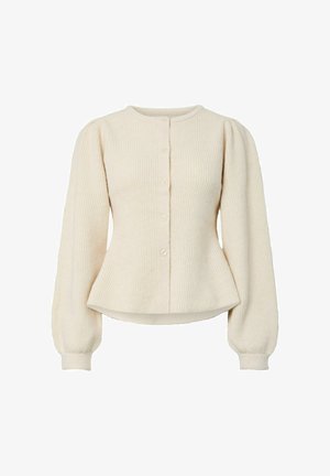 Cream ribbed knit cardigan with long puff sleeves and a fitted waist, featuring a round neckline and five matching buttons down the front.