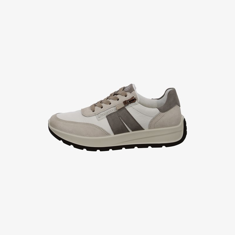 Low-top sneaker in white and gray suede and leather, with lace-up front, side zipper, and thick white sole with black tread.