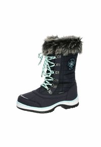 Bota de inverno azul escuro com colarinho de pele sintética, atacadores azul-turquesa e ilhós de metal. Apresenta um design acolchoado e sola de borracha texturizada com detalhes.