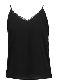 Haut débardeur noir en tissu lisse, avec un décolleté en V orné de dentelle et des bretelles fines et ajustables. Design simple sans manches.