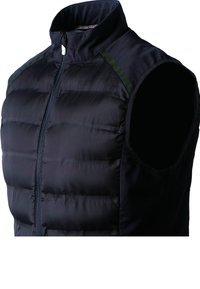 Zwarte puffer vest met een hoge kraag, voorzien van een ritssluiting aan de voorkant en mouwloos ontwerp. Glad afwerking met subtiele contrasterende accenten op de schouders.