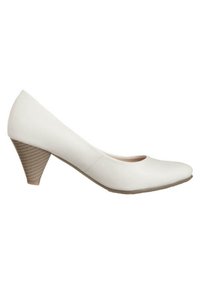 Białe skórzane czółenka z zaokrąglonym noskiem i zakrzywioną, fakturowaną beżową szpilką. Gładkie wykończenie, brak widocznych wzorów lub akcentów.