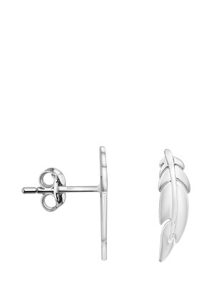 Boucles d'oreilles clous en argent en forme de plumes détaillées avec fermoirs papillon, vues de côté et de face sur fond blanc.