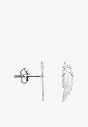 Boucles d'oreilles clous en argent en forme de plumes détaillées avec fermoirs papillon, vues de côté et de face sur fond blanc.