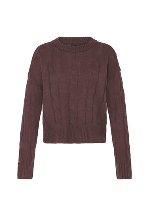 Pītās mežģīnes, īsās piedurknes džemperis tumši bordo krāsā. Tam ir ribota apkakle un aproces, kā arī teksturēts raksts visā audumā.