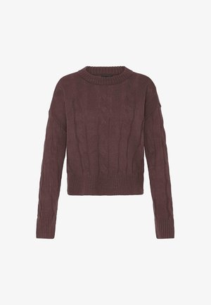 Suéter recortado de punto trenzado en burdeos oscuro. Presenta un cuello y puños acanalados con un patrón texturizado en toda la tela.