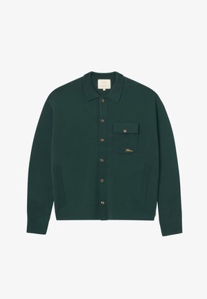 Dark green button-up cardigan with collar, long sleeves, a flap pocket with button on the chest, and two side slit pockets.
