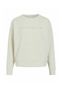 Sudadera de cuello redondo color off-white con mangas largas y la palabra "MINIMALISMO" bordada en el pecho con hilo a juego.