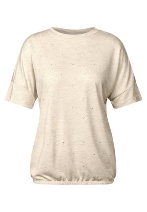 Korte mouw beige t-shirt van lichtgewicht stof, met subtle zwarte stippen en een geplooide taille voor een relaxte pasvorm.