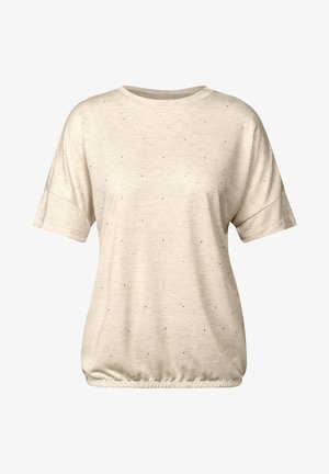 Lyhythihainen beige t-paita, joka on valmistettu kevyestä kankaasta, sisältäen ohuita mustia pisteitä ja kootun vyötärön, joka tarjoaa rentoa istuvuutta.