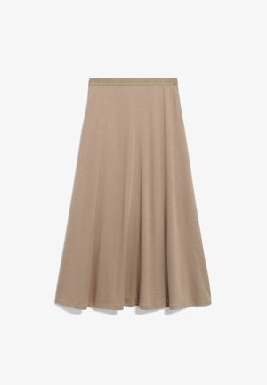 Beige, ausgestellte Midi-Rock aus weichem, elastischem Stoff mit einem elastischen Bund, der mit "ARMEDANGELS" geprägt ist. Glatte Textur.