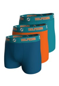 Tres pares de bóxers para hombres en tonos azul verdoso, naranja y azul brillante. Cada uno cuenta con una banda elástica que lleva la palabra "DOLPHINS" y un logotipo. Textura suave.
