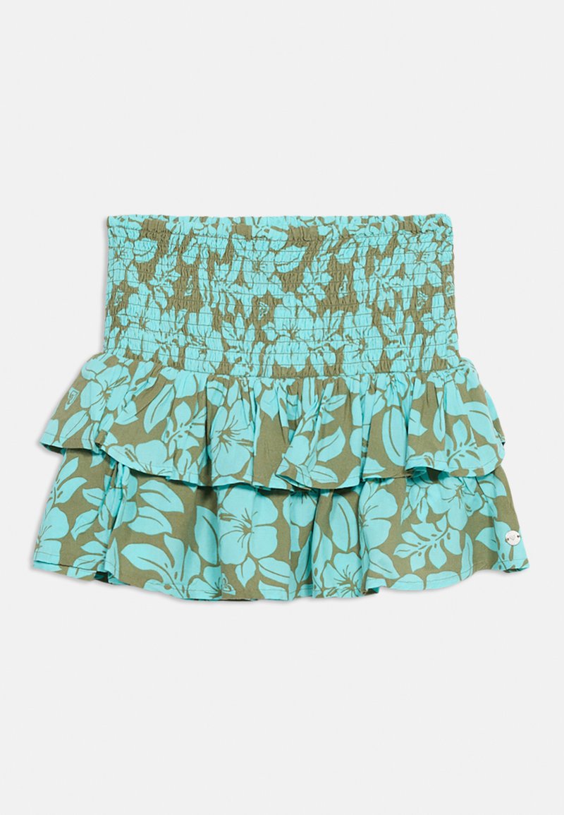 Μίνι φούστα με ελαστική μέση, τυπωμένο με λουλουδάτα σχέδια σε τιρκουάζ και ελαιδί, με διπλή στρώση βολάν στο τελείωμα.