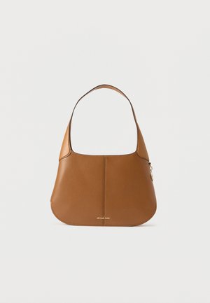 Brown leather shoulder bag with single strap, curved bottom, and small gold logo at base center on white background.