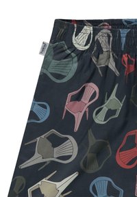 Bomulds shorts med en mørk baggrund og gentagne mønstre af forskellige stol designs i dæmpede farver, der viser forskellige former og teksturer.