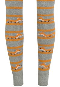 Graue Kniestrümpfe mit orangefarbenen Streifen und einem verspielten Fuchs-Muster. Geflochtene Textur, elastischer oberer Rand sowie verstärkte Zehen- und Fersenpartie für Langlebigkeit.