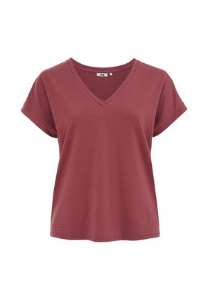 Chemisier femme à manches courtes, texturé couleur vieux rose poussiéreux, col en V, coupe décontractée et manches retroussées sur fond blanc.