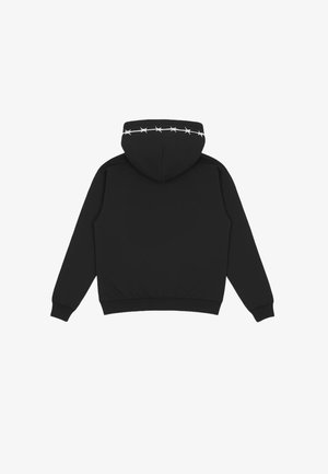 Felpa nera con tasca a marsupio, caratterizzata da un motivo a stelle bianche lungo la cucitura del cappuccio. Realizzata in tessuto morbido e elastico.