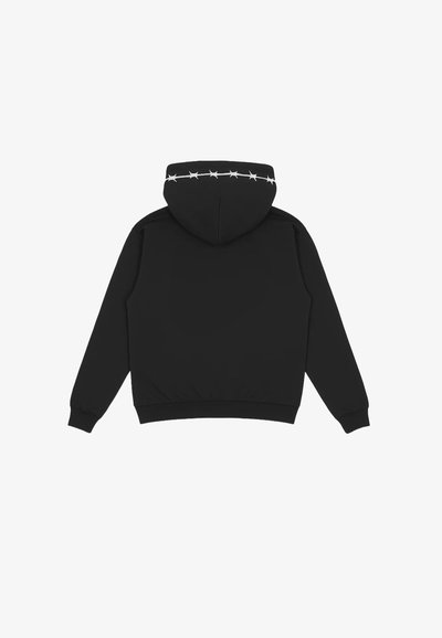 Felpa nera con tasca a marsupio, caratterizzata da un motivo a stelle bianche lungo la cucitura del cappuccio. Realizzata in tessuto morbido e elastico.