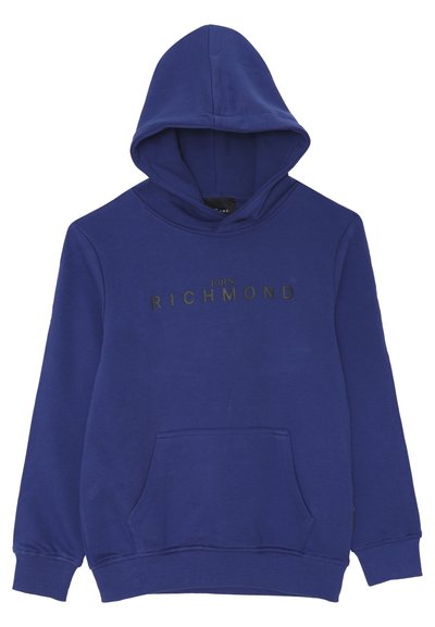 Felpa con cappuccio blu, dotata di tasca frontale e con "John Richmond" stampato in nero sulla parte anteriore.