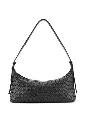 Sac à bandoulière en cuir noir avec texture tissée et fermeture éclair supérieure incurvée, doté d'une bandoulière réglable et d'une discrète étiquette de marque à l'avant.
