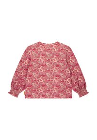 Rode en roze blouse met paisleypatroon, lange mouwen, met elastische manchetten en een ronde halslijn, gemaakt van lichte stof.