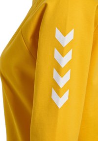 Gul sweatshirt med ett vitt chevronmönster på vänster ärm, tillverkad av mjukt bomullsmaterial med en avslappnad passform.