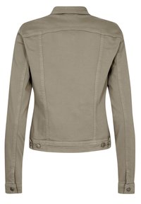 Beige denimjack met knoopaccenten, een gestructureerde kraag en een getailleerd ontwerp. Heeft zichtbare stiksels en een gladde textuur. Achteraanzicht.