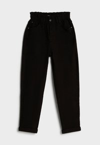 Pantalones de algodón negros con un cinturón fruncido, puños enrollados y dos bolsillos frontales con acentos metálicos. Textura suave, corte recto.
