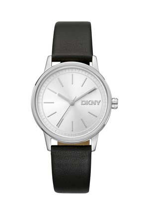 Orologio da polso DKNY argento con cinturino in pelle nera, quadrante minimalista e tre lancette che indicano l'orario vicino alle 10:08.