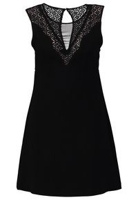 Robe noire avec un corsage ajusté, des empiècements en dentelle au niveau de l'encolure et un dos ajouré. Coupe évasée en forme de A avec une texture de tissu lisse.