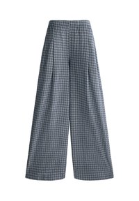 Pantalon à jambes larges avec motif à carreaux bleu et gris et taille élastique.